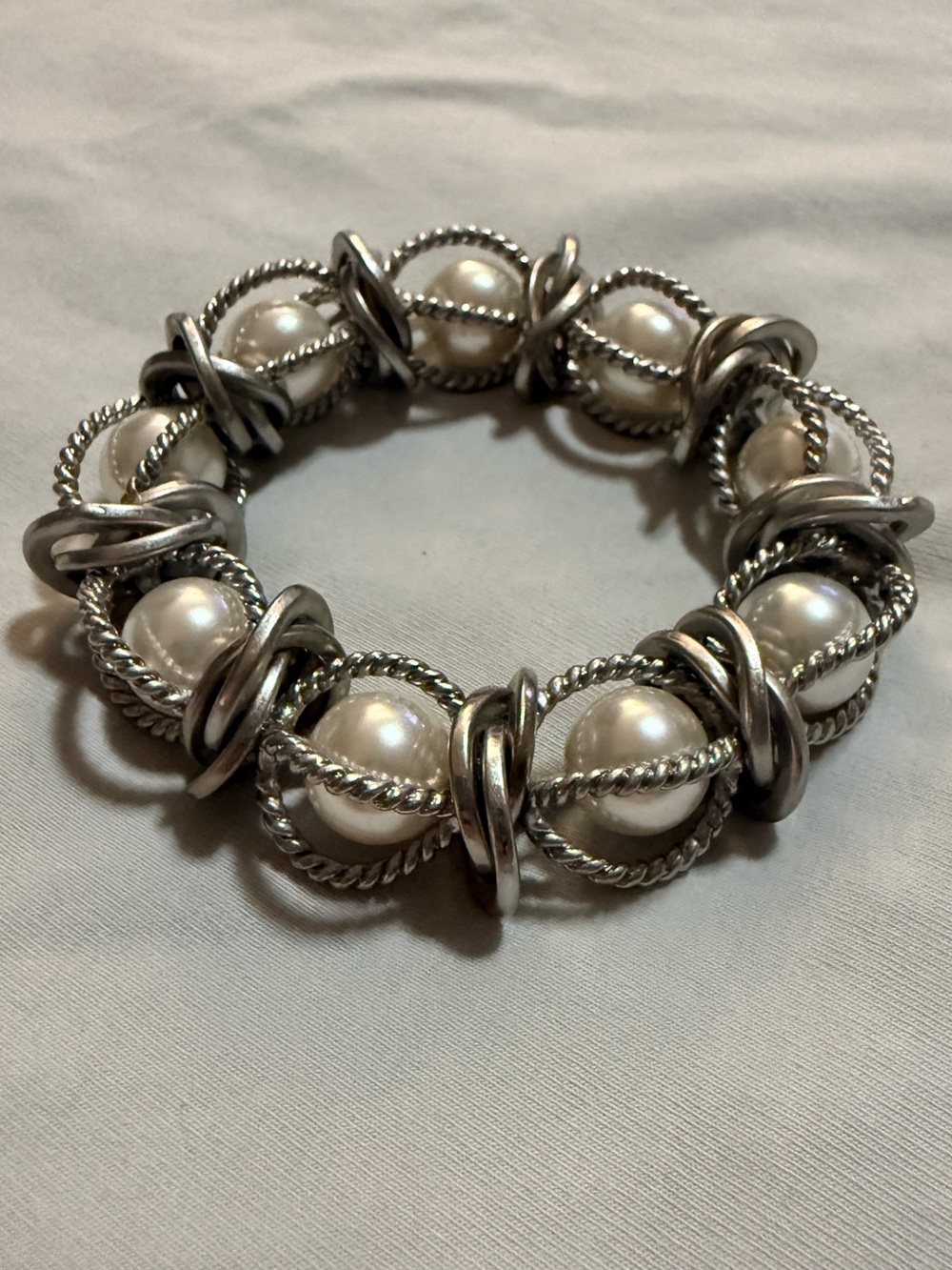 Lia Sophia Silver Tone Rope Link Stretch Bracelet with White Simulated Pearls